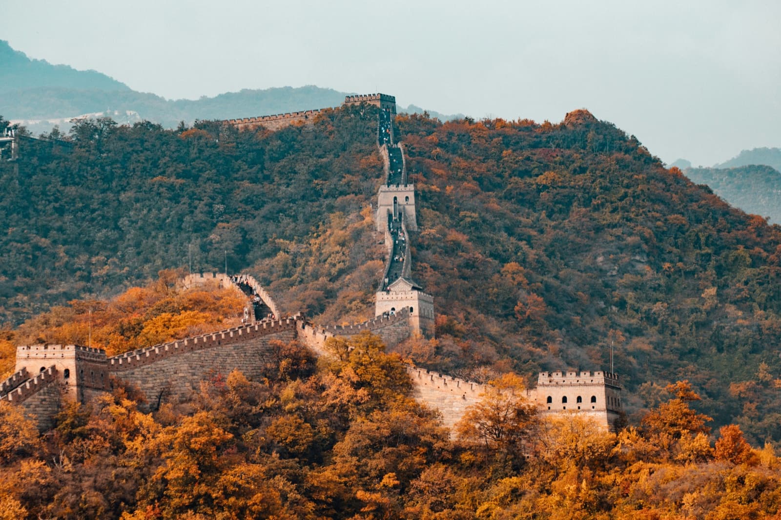 The Great Wall at Mutianyu running over mountain ridges