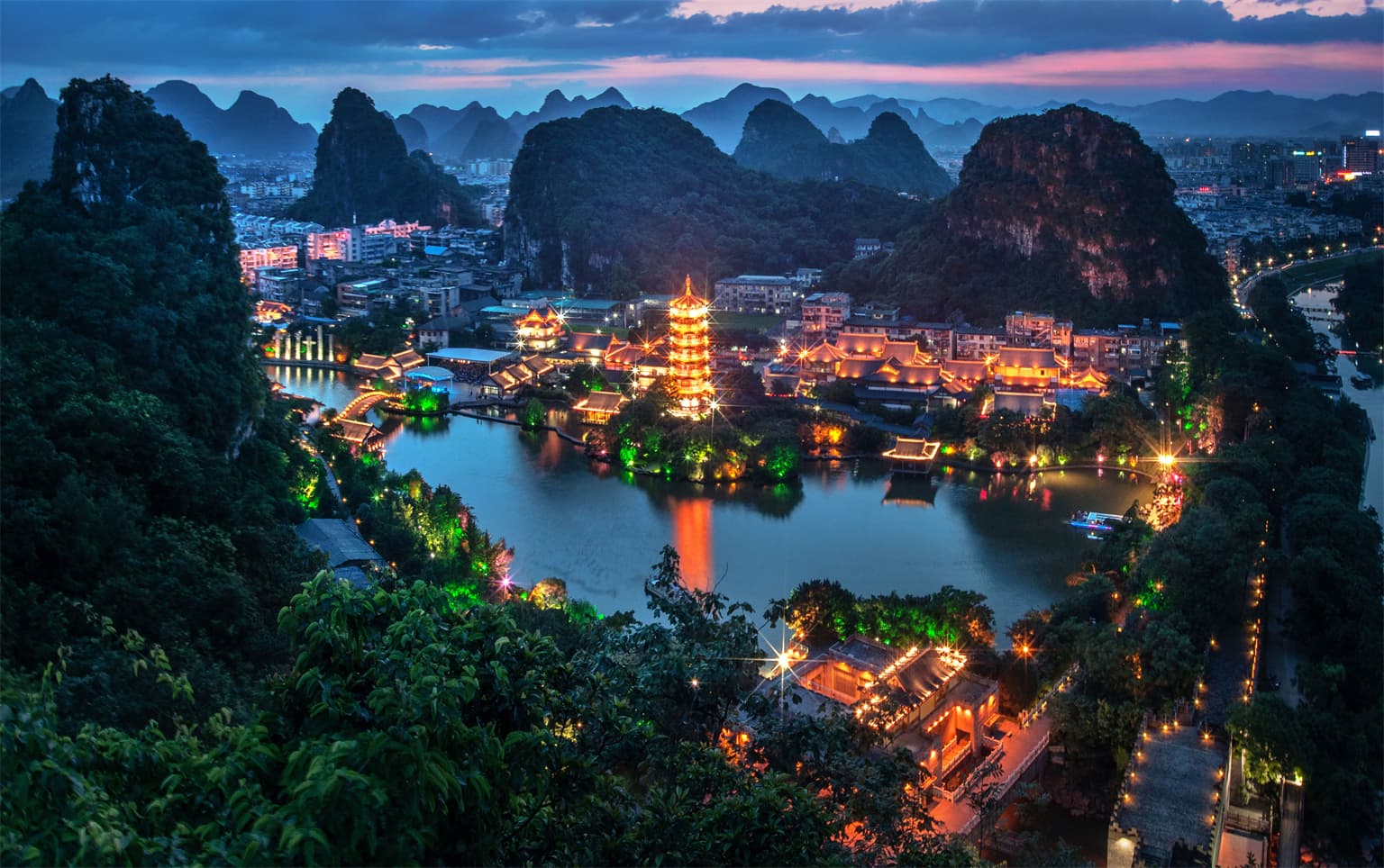 Guilin's Two Rivers and Four Lakes lit up at night