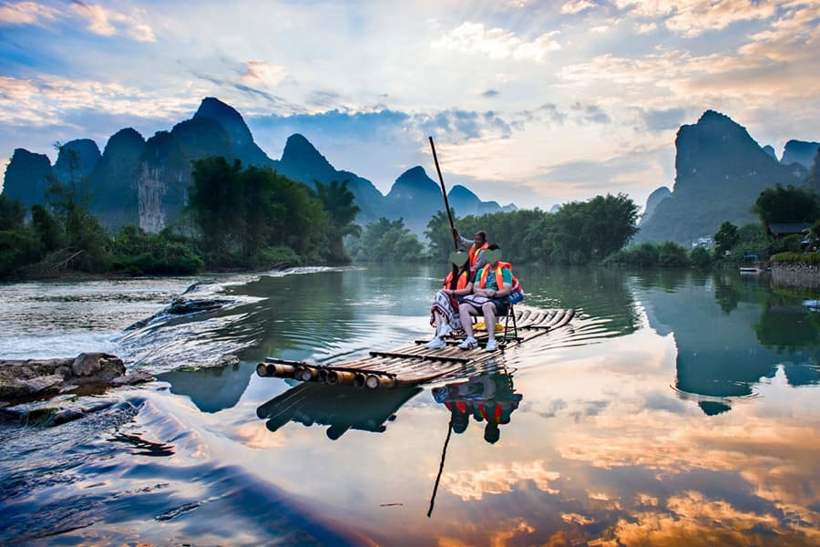 A bamboo raft on the Yulong River in Yangshuo