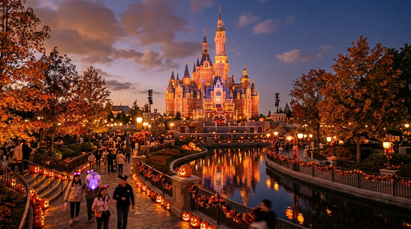 Shanghai Disneyland lit for a Halloween evening