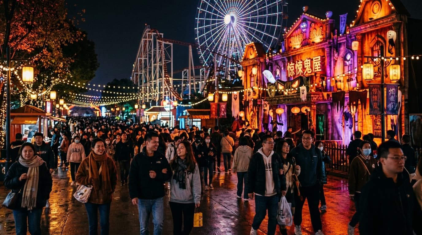An illuminated amusement park at night in Shanghai